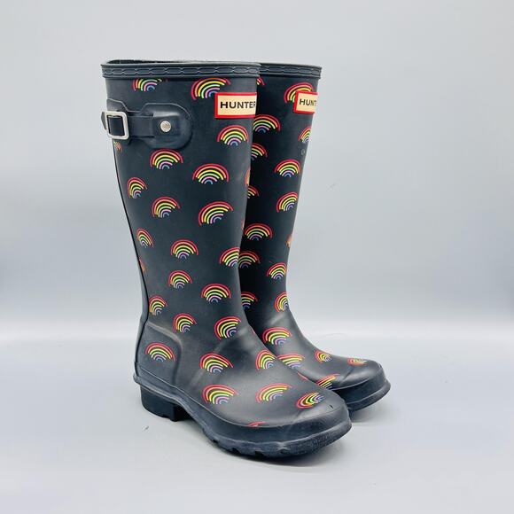 Hunter Boots Kids Girls 1 Black Rainbow Print Tall Wellington Buckle Rain Shoes - Picture 2 of 11